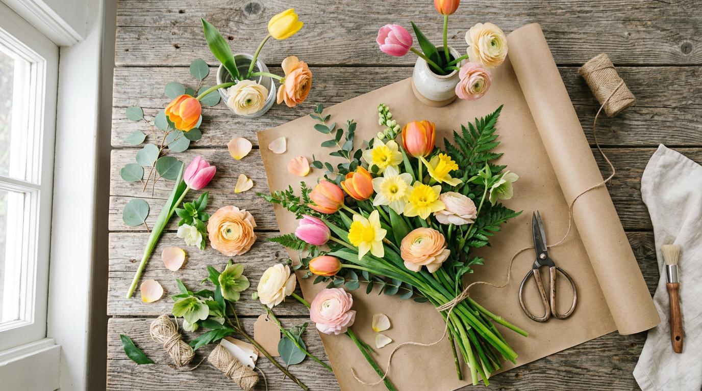 Fleurs de printemps : tulipes, jonquilles et renoncules