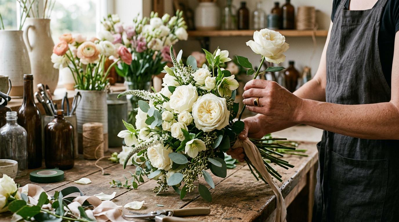 Artisan fleuriste composant un bouquet de roses blanches