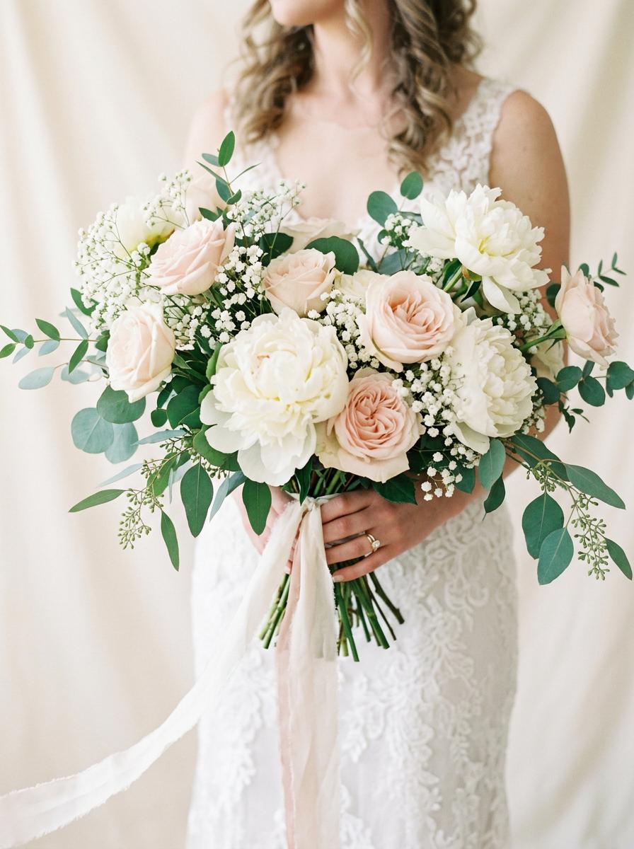 Bouquet de mari�e avec pivoines blanches et roses