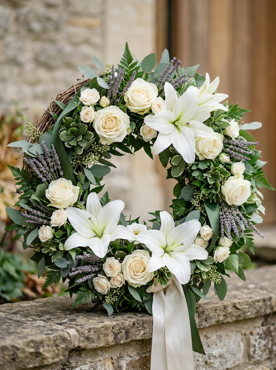 Couronne funeraire avec lys blancs