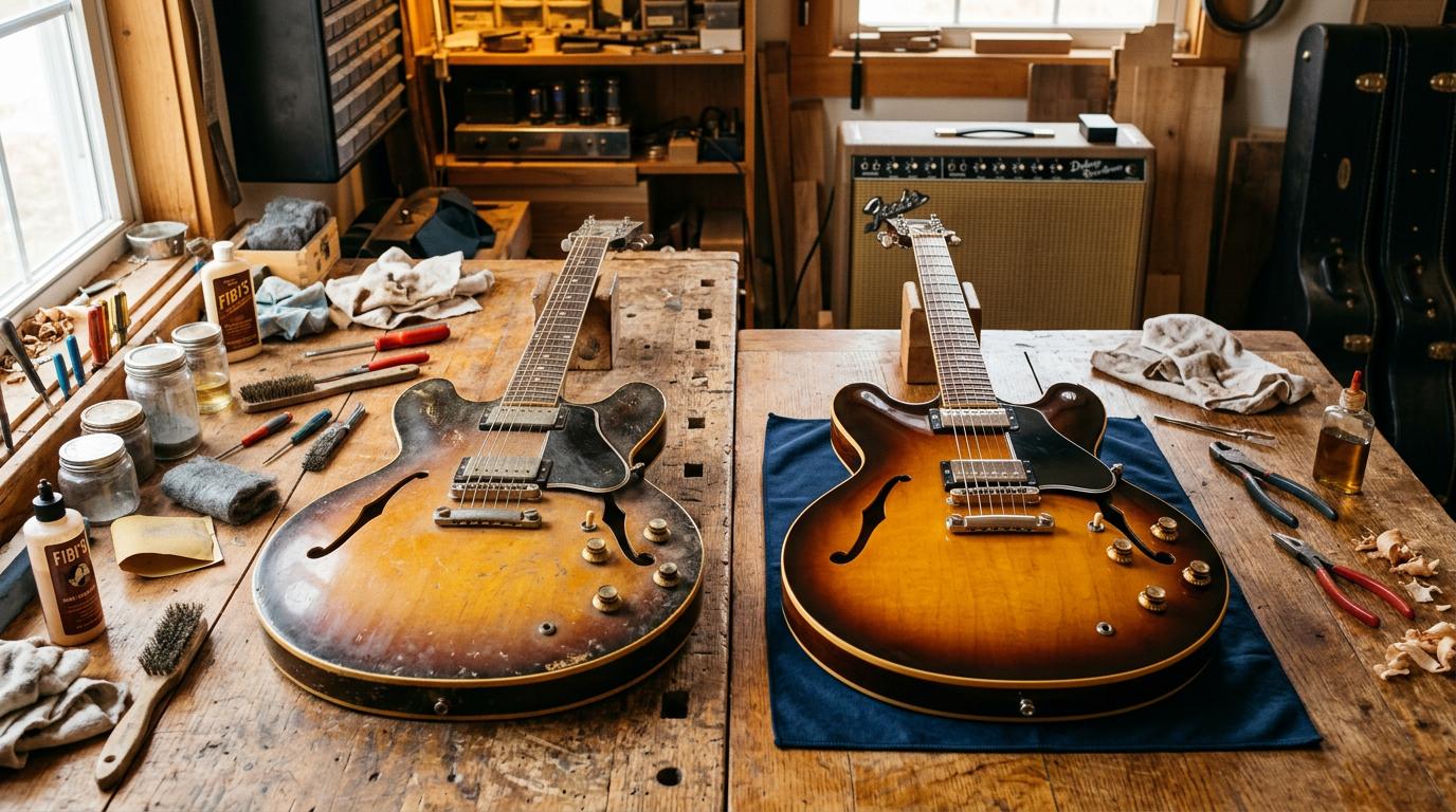Restauration guitare vintage avant apres - Lutherie Morangis