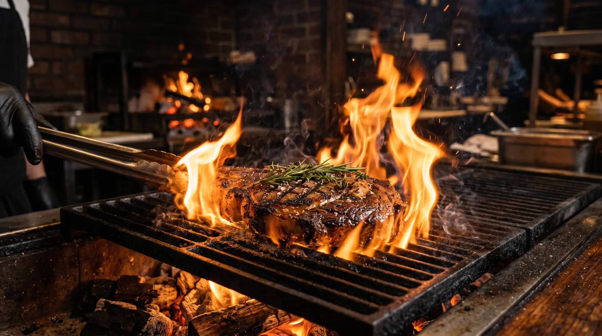 Steak flambe sur grille de feu