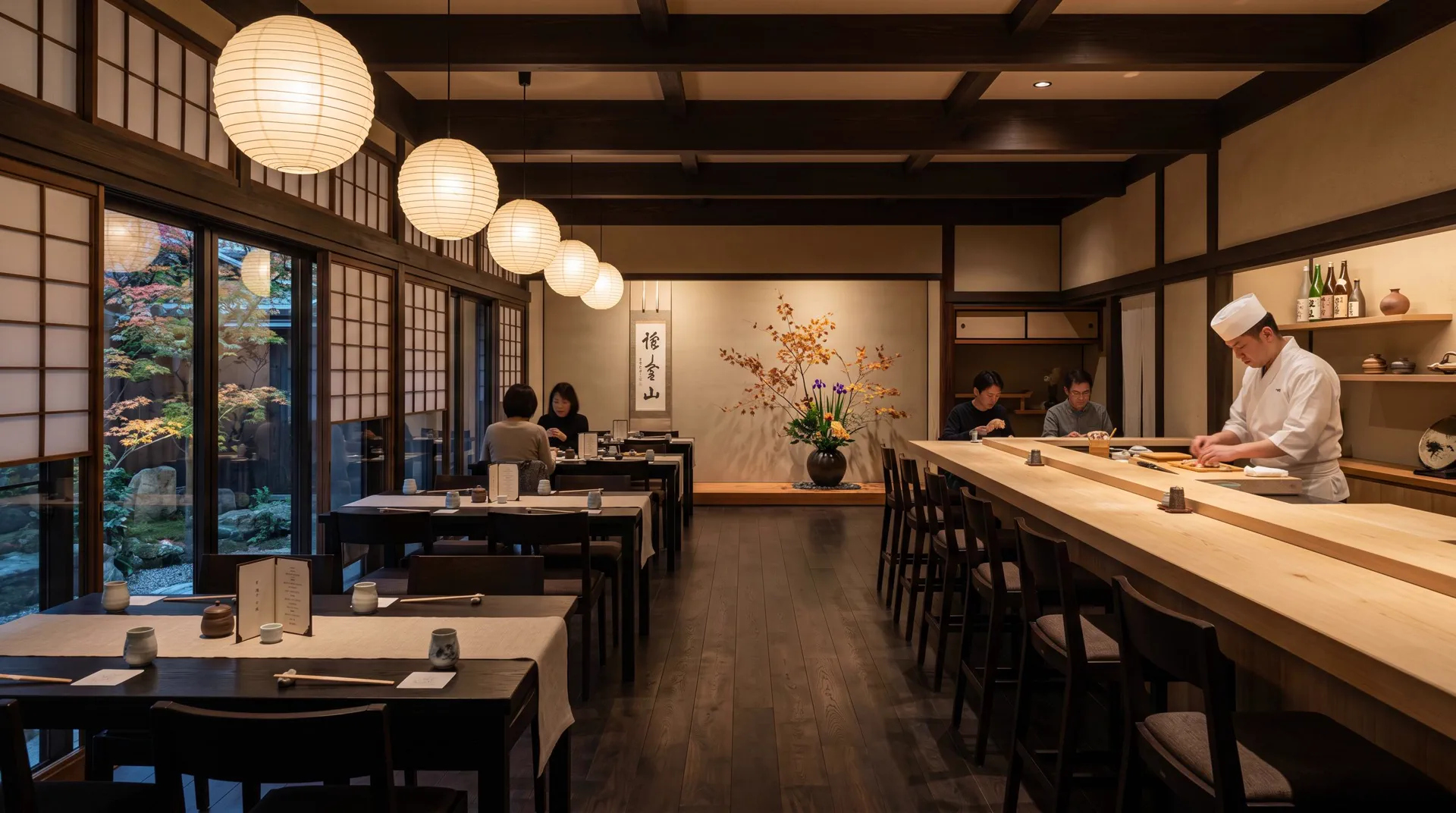 Interieur elegant du restaurant Kanpai Paris avec comptoir sushi