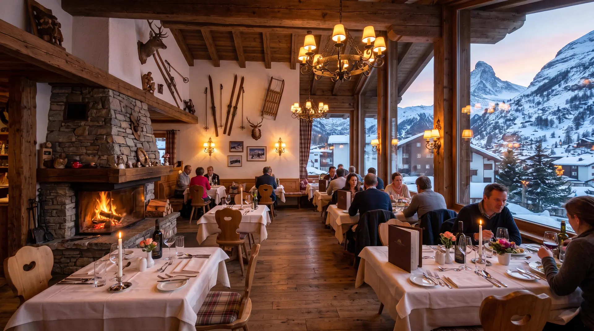 Salle interieure du chalet restaurant La Cabane avec cheminee
