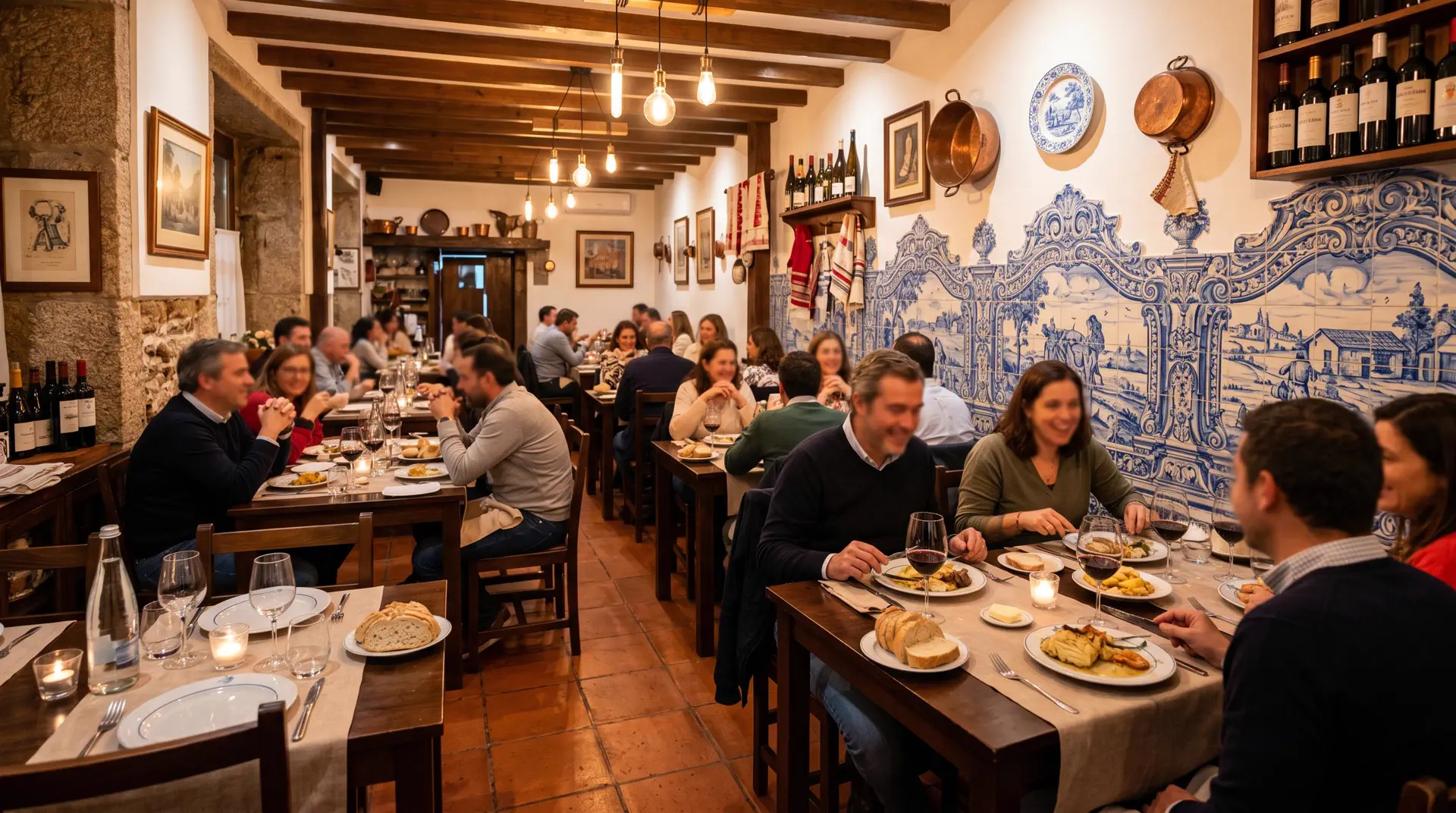 Interieur chaleureux du restaurant Pedra Alta avec azulejos et clients conviviaux