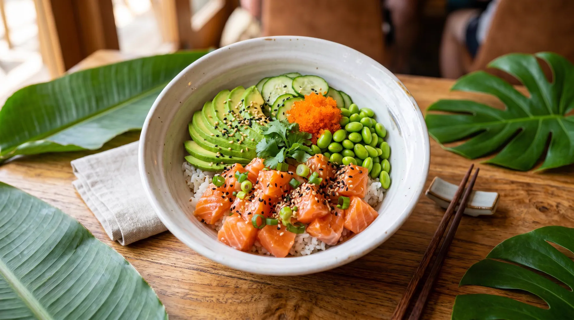 Poke bowl colore avec saumon frais, avocat, mangue et riz