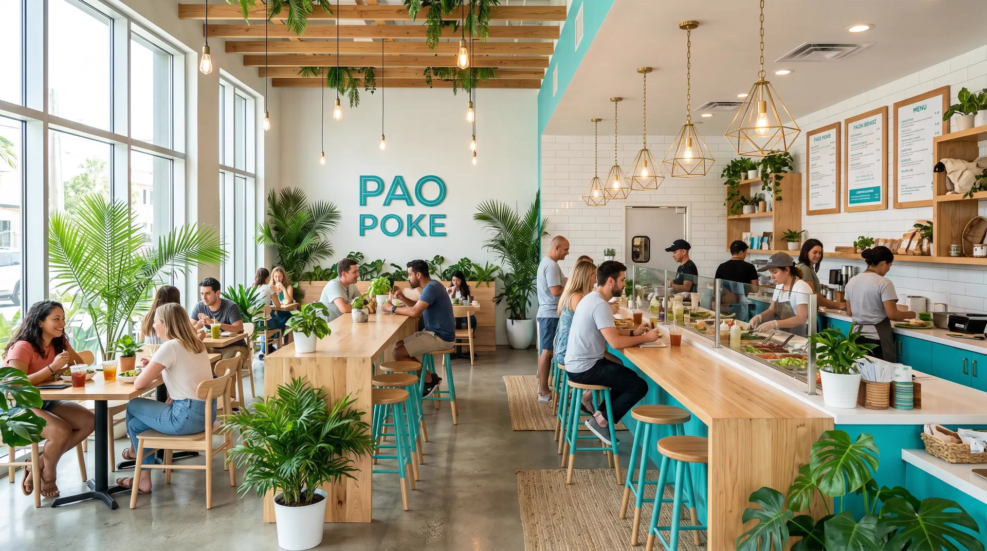 Interieur restaurant Poke House ambiance tropicale healthy