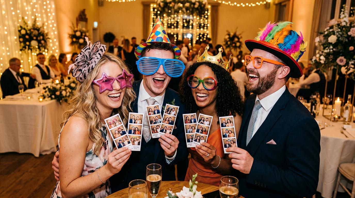 Amis avec tirages photo a un mariage