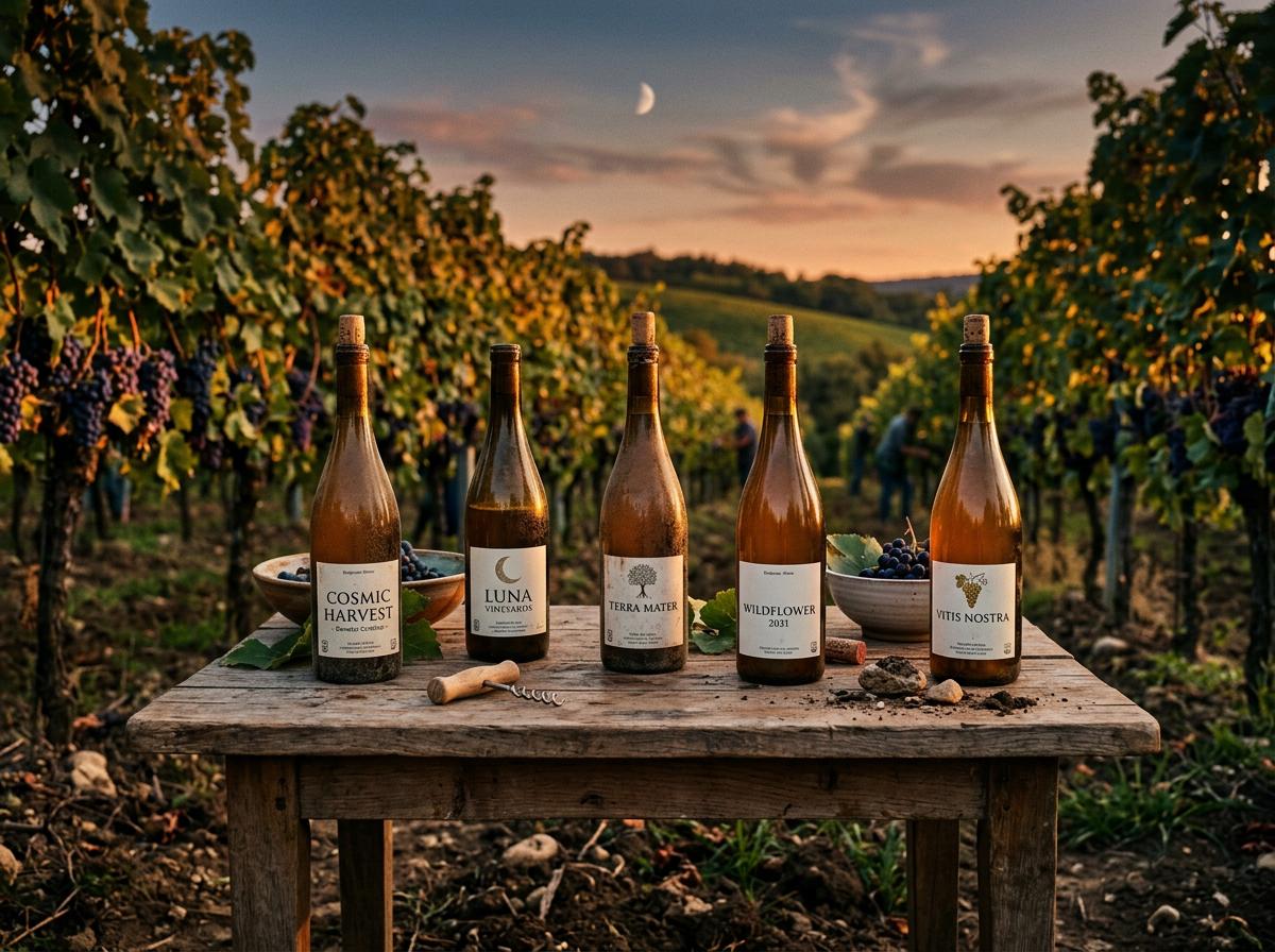 Bouteilles de vin biodynamique dans un vignoble au coucher du soleil