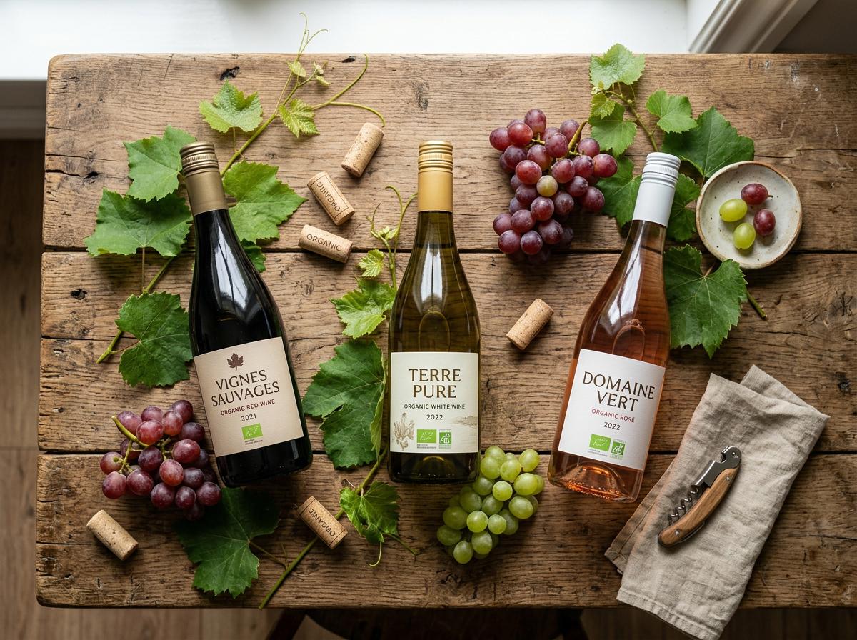 Bouteilles de vin biologique avec raisins et feuilles de vigne