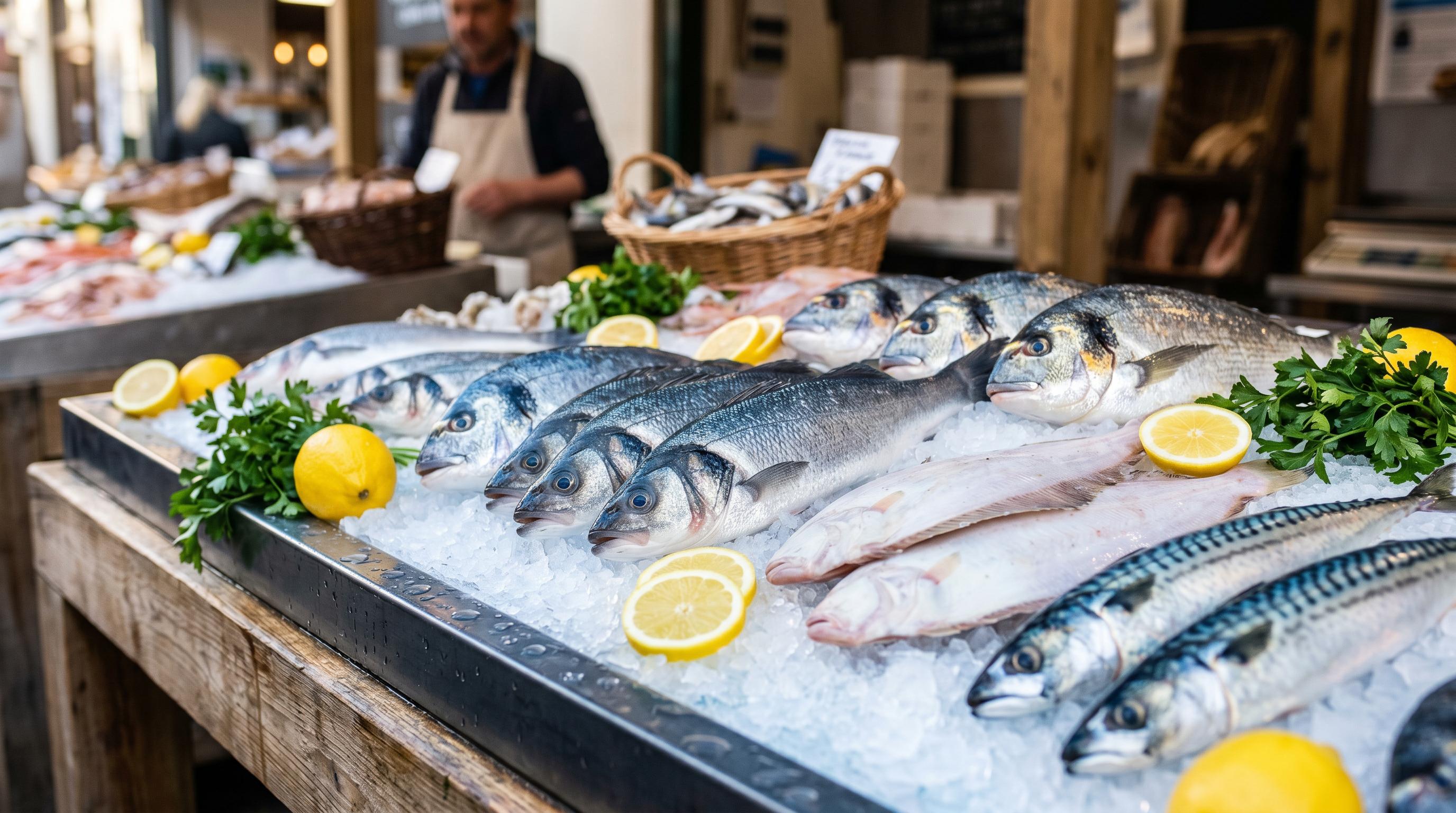 Étal de poissons frais sur glace